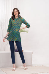 Refreshing Green Block Print Pure Cotton Stylish Short Kurti -Perfect Blend of Style and Comfort